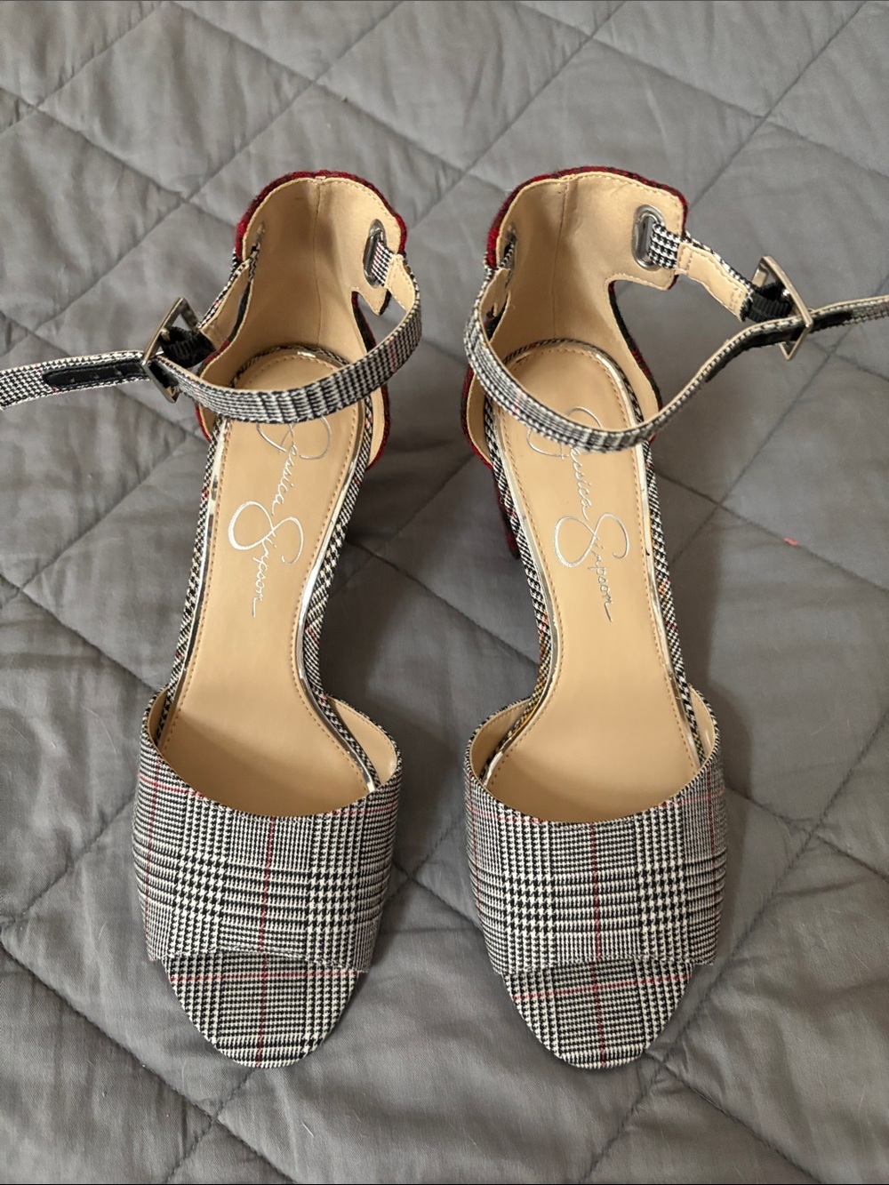 Jessica Simpson Black-and-White Plaid Ankle-Strap Heels with Red Accent